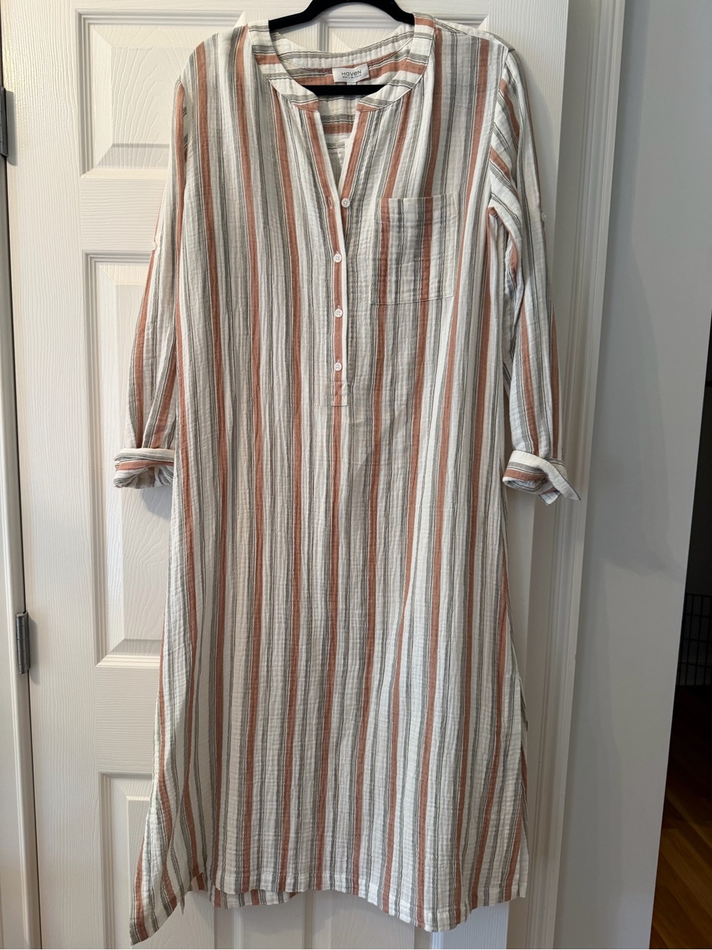 Lightweight Striped Long-Sleeve Shirt Dress in Cream, Rust & Gray